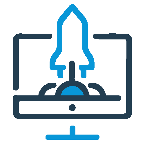 Startup tutoring Computer screen with space rocket